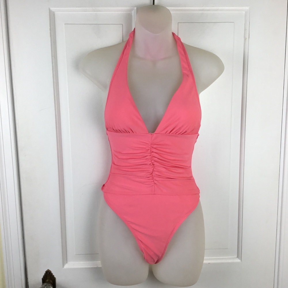 Cupshe Pink One Piece Plunge Swimsuit Ruched Halter Size XS NWT